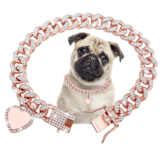 Cuban Dog Chain with Pet ID Tag Bling Crystal Choke Collar Dog Metal Training Chain Walking Necklace for Small Medium Large Dogs Cats