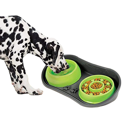 Because of Paws Non-Skid Pet Bowl Tray - with 2 Slow Down Bowls Set - for Small to Medium Dogs - Protects Floor from Food and Water