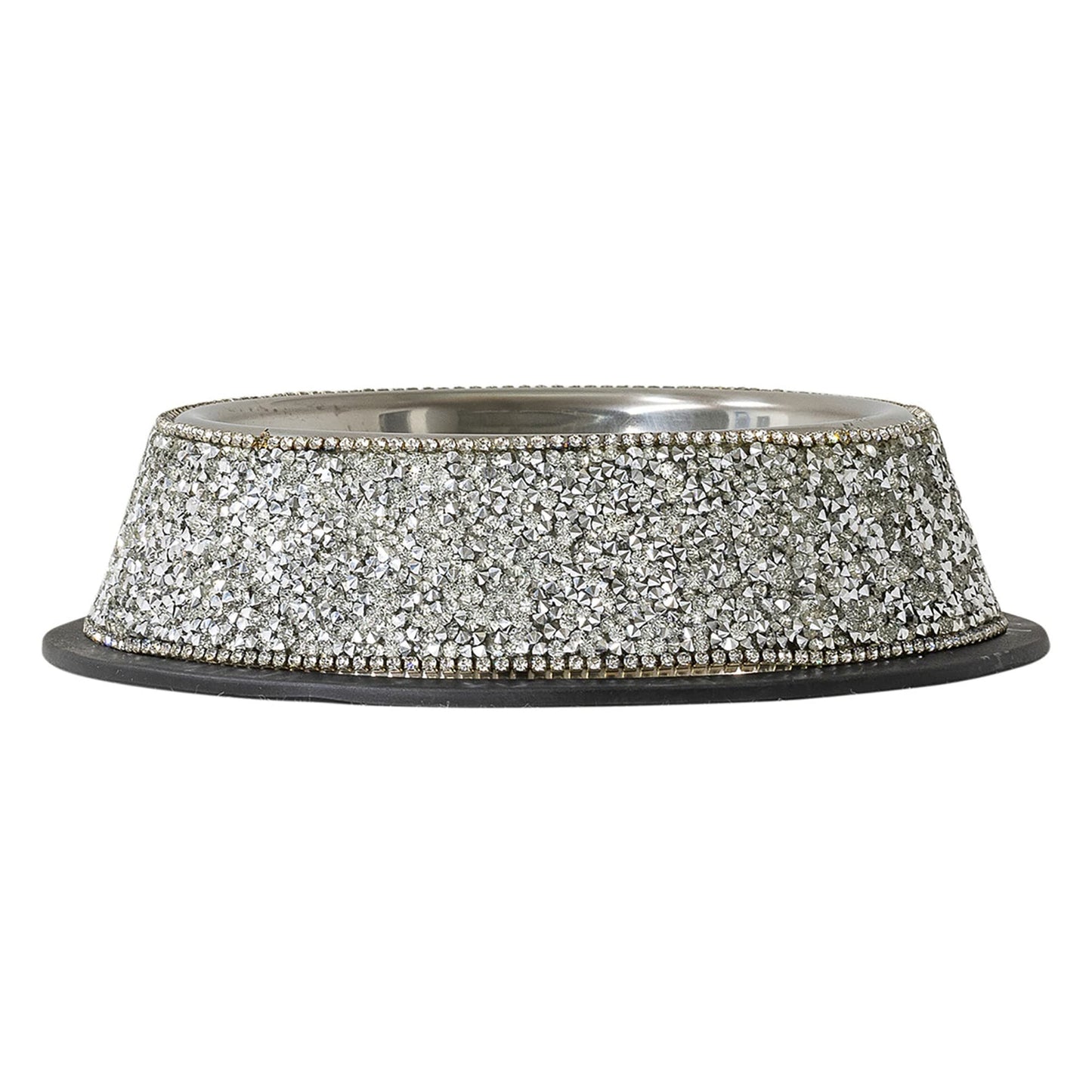 Luminous Pet Bowl Sparkling Rhinestones on Stainless Steel Non-Slip Base for Food Water Treats Silver Small Sold Individually