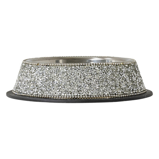 Luminous Pet Bowl Sparkling Rhinestones on Stainless Steel Non-Slip Base for Food Water Treats Silver Small Sold Individually
