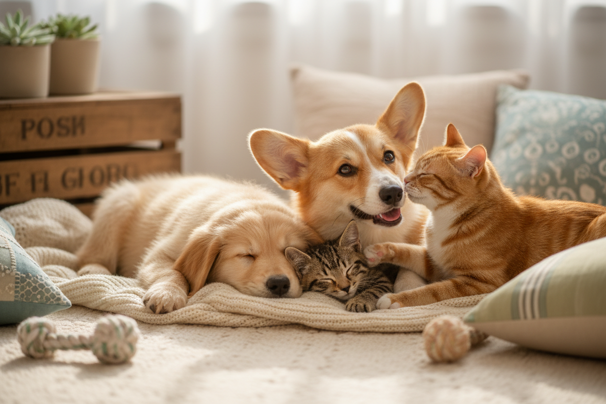 dogs and cat together very cute picture