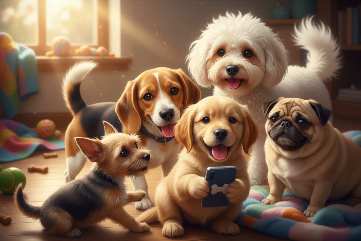 dogs and using mobile and happy face