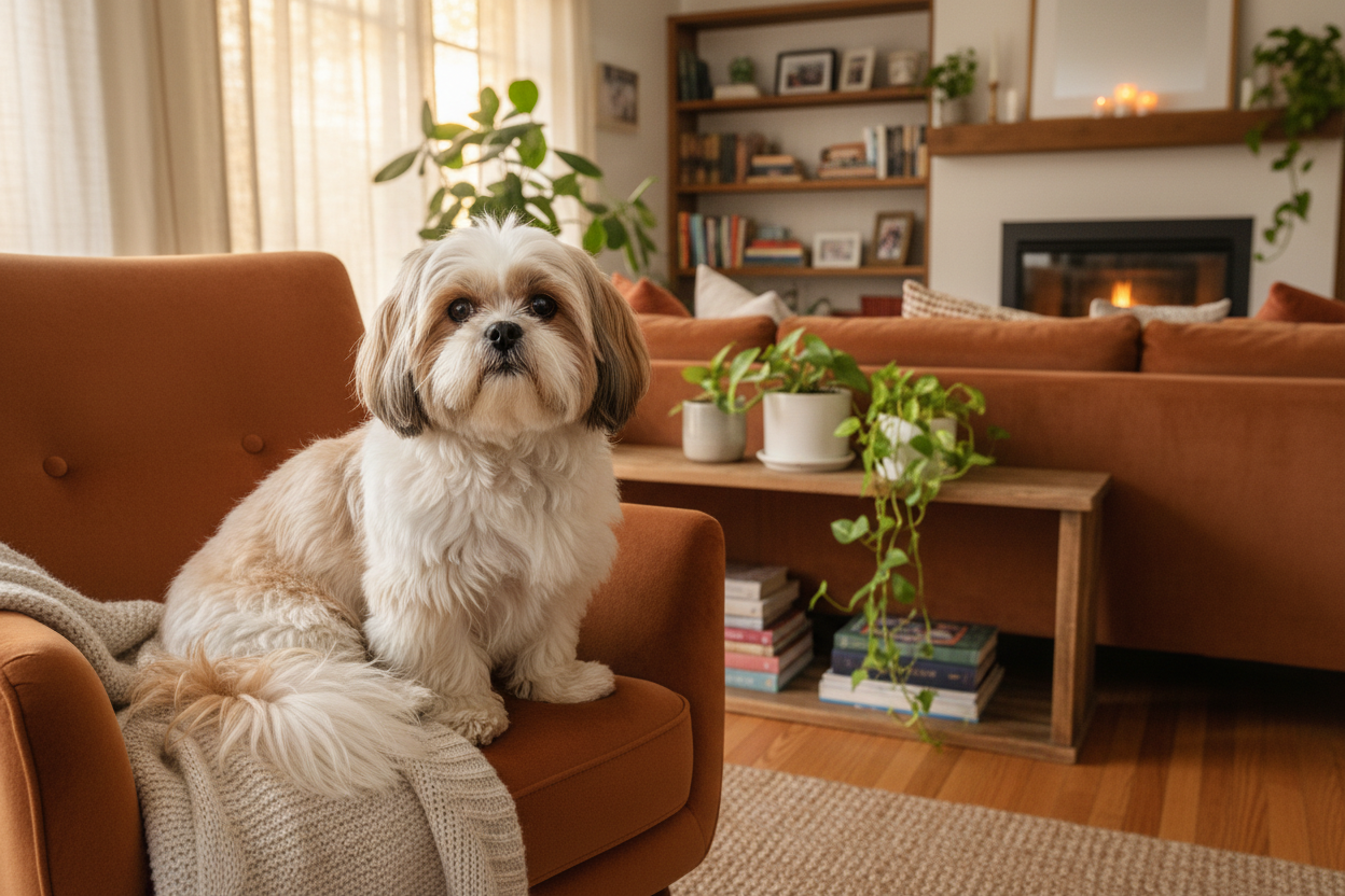 generate a image of a small shitzu dog sitting on chair with home background 